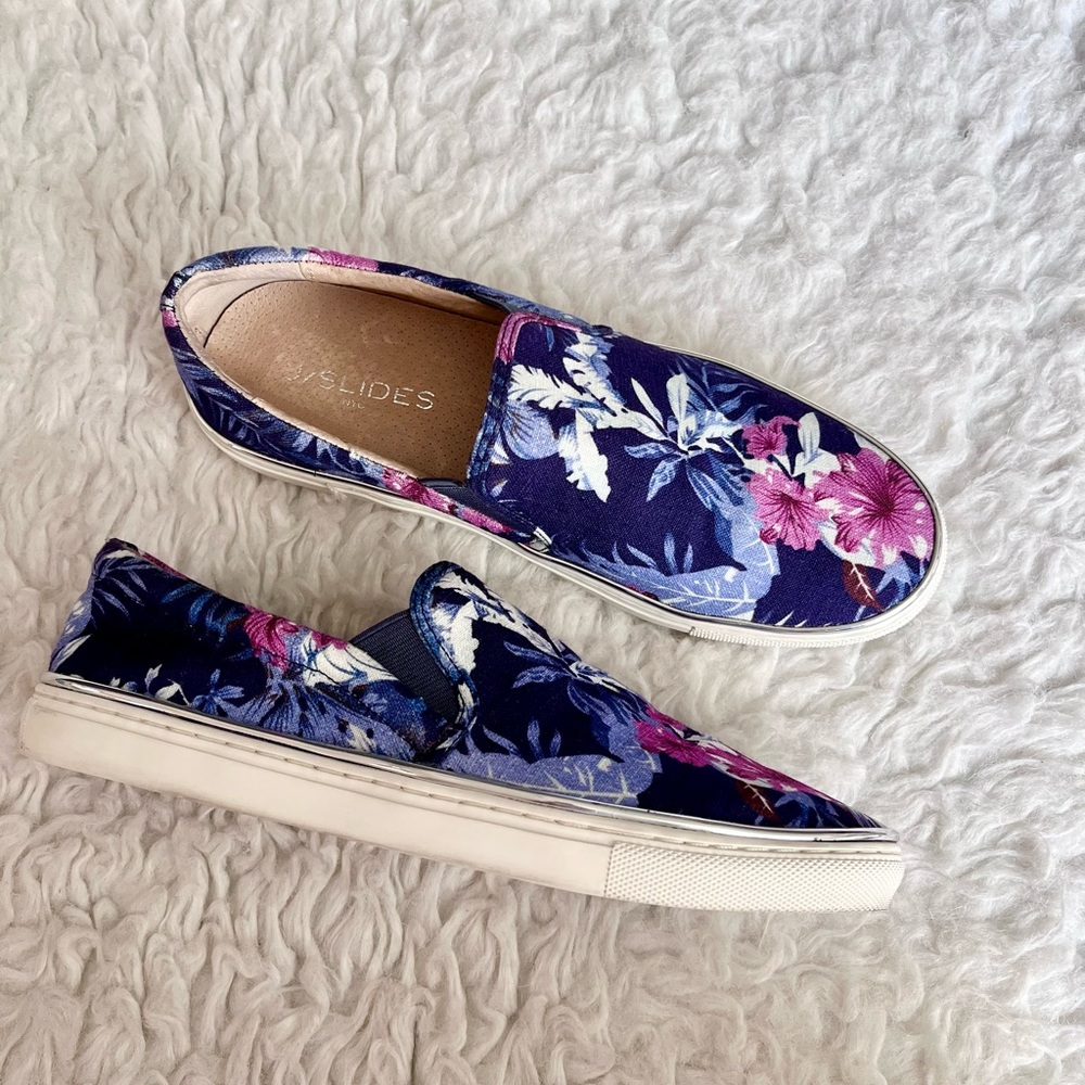 J/Slides purple floral canvas slip on sneakers, 7.5